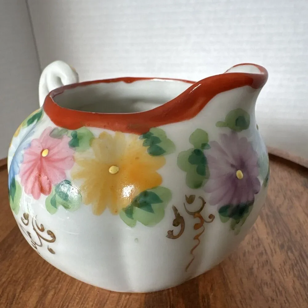 Vtg Floral Hand painted Flowers Ribbed Fancy Handle Creamer
